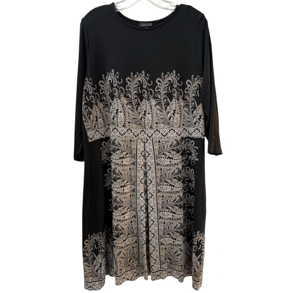 J Jill Wearever Dress Size Large Black White Paisley Front Pleat 3/4 Sleeve